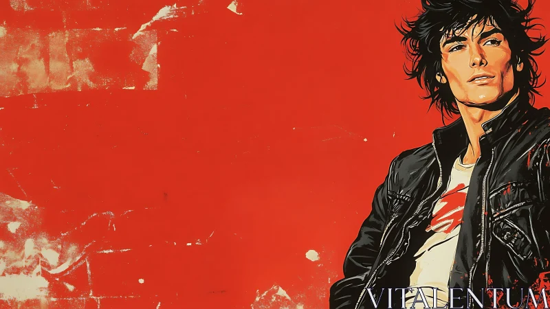 Rebellious rocker against bold red city dreams.