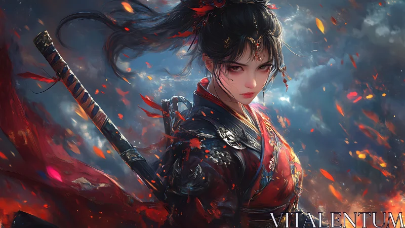 Samurai warrior in crimson armor amid burning storm