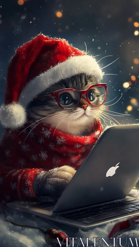 Cat in Santa hat using laptop in snowy Christmas scene.