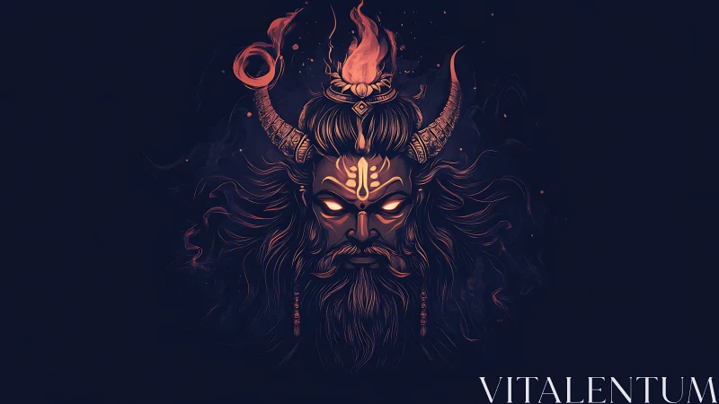 Mythic horned deity portrait with flaming crown and glowing eyes