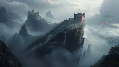 Stormlit cliff citadel rising above ethereal mountain fog.