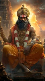 Regal Hindu sage seated before temple under blazing sky.