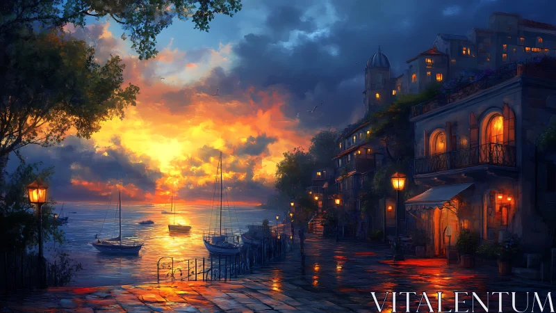 Harbor promenade glows under dramatic sunset sky.