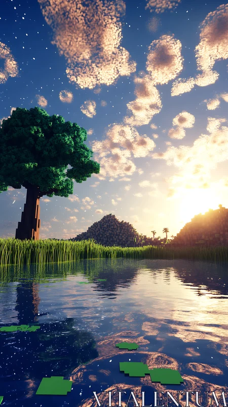 Voxel sunrise over reflective water with volumetric clouds.
