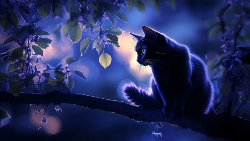 Black Cat Contemplating Leaves at Twilight.