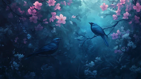 Bioluminescent blue songbirds amid twilight cherry blossoms