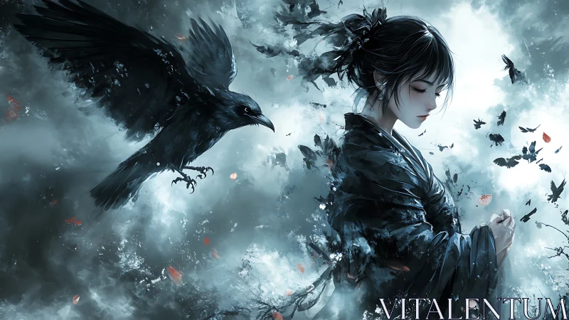 Woman in dark robe stands with ravens in swirling mist