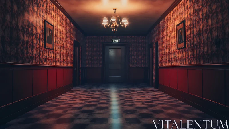 Moody hotel corridor under chandelier glow and exit sign.