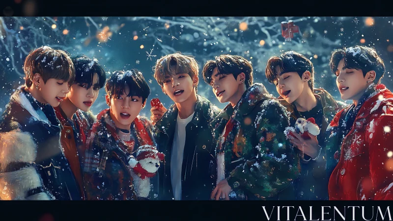 Seven young men singing together in snowy winter night.