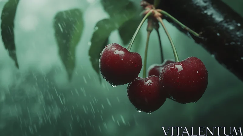 Rain-kissed cherries hang gently, glowing against soft green mist