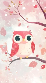 Pink cartoon owl perched on branch amid falling petals.