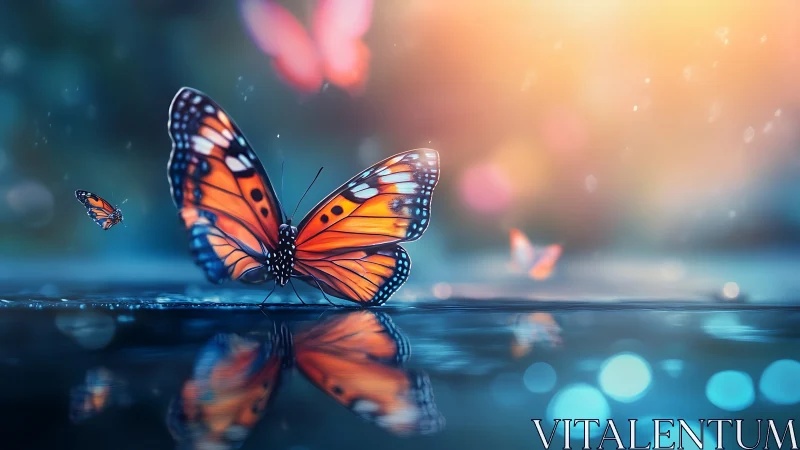 Gentle monarch butterflies rest by glowing blue water at dusk