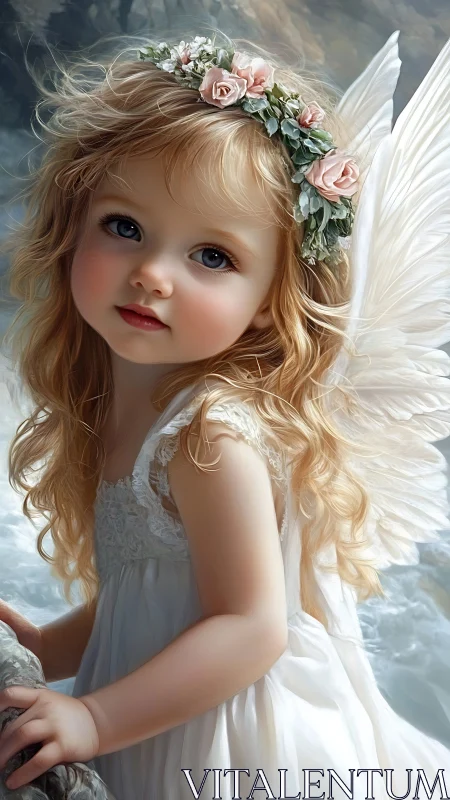 Blonde child angel stands by misty water with flower crown