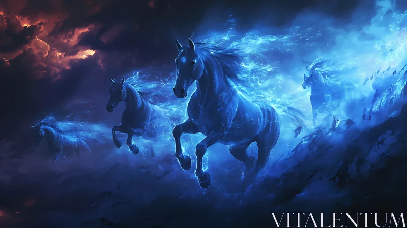 Spectral blue warhorses charging through stormfire skies.