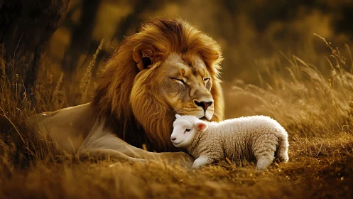 Lion rests beside lamb in uniformly warm-toned grassland