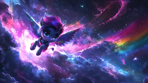 Starlit chibi pegasus soaring through iridescent nebula sky.