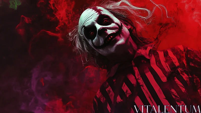 Sinister clown portrait under blood red smoky lighting.