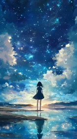 Girl under a luminous night sky contemplates infinity