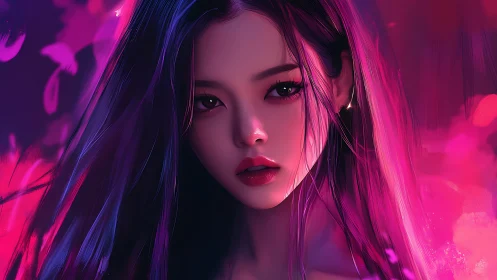 Neon portrait of digital woman in pink and purple light.
