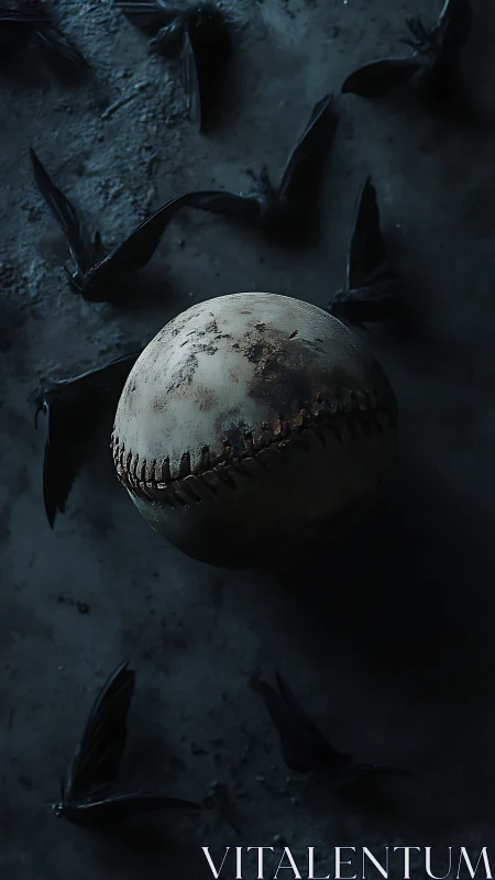 Weathered baseball suspended over dark scattered feathers