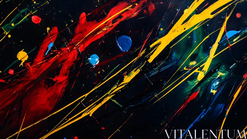 Dynamic abstract painting with bold splashes of red, yellow, and blue.