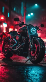 Moody neon motorcycle waiting on a rain soaked city street.