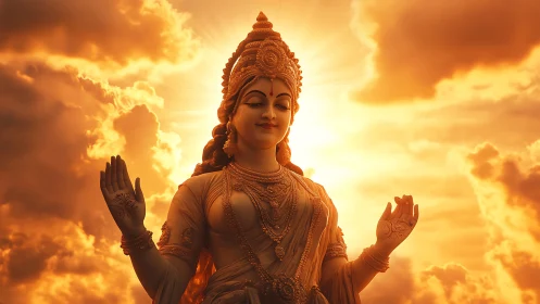 Divine goddess statue in radiant golden sunset backlight.