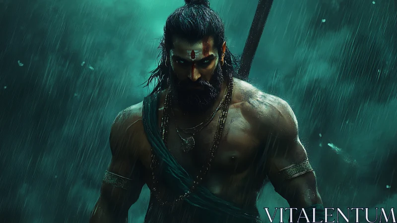 Stormlit warrior stands strong beneath the pouring rain