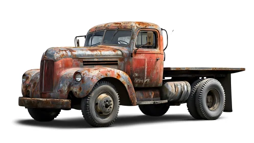 Rusted vintage flatbed truck stands isolated on white
