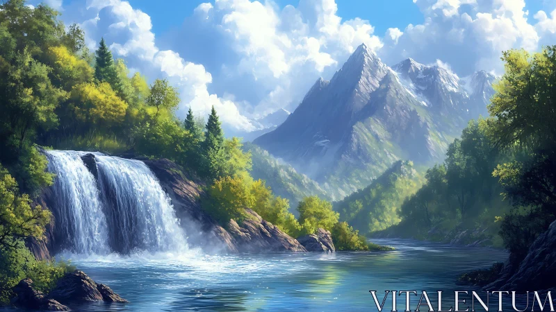 Sunlit mountain falls and river dreaming beneath bright skies.