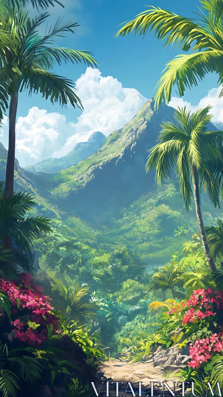 Sunlit jungle path winding toward misty emerald peaks.