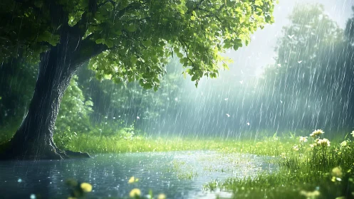 Rain-scribbled meadow listens quietly beneath glowing tree