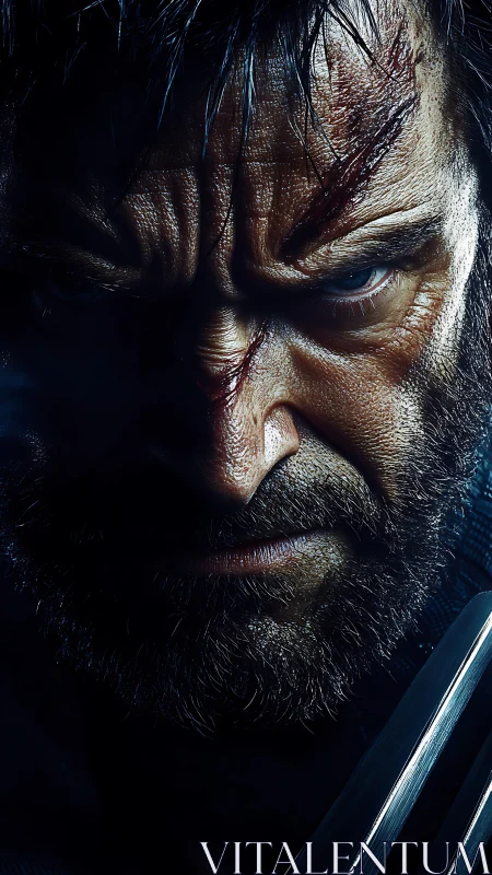 Intense bearded warrior stares forward in moody blue light