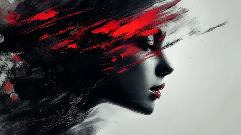 Profile portrait dissolves into dynamic red abstract strokes