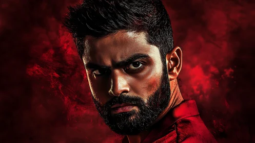 Intense bearded man portrait in red atmospheric lighting.