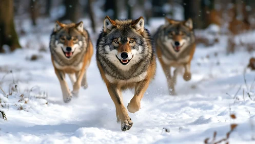 Wolves running through winter forest with bold, focused energy.