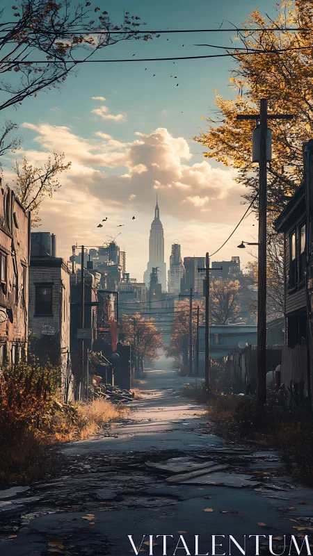 Post-apocalyptic urban alley with distant neo-Deco skyline