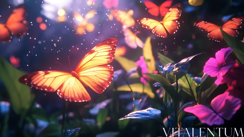 Luminous garden butterflies drifting through twilight magic.