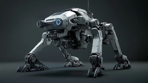 Quadruped recon combat drone with worn white composite armor