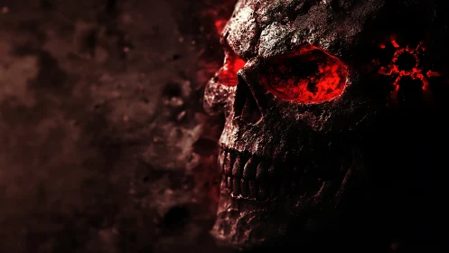 Burning stone skull emerges from darkness with molten eyes