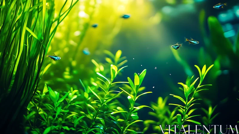 Tropical aquarium plants and small fish under bright light.