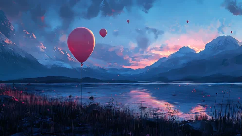 Red balloons float above reflective lake at snowy sunset