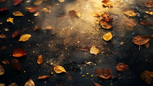 Golden autumn leaves drift across a dark rainlit street.
