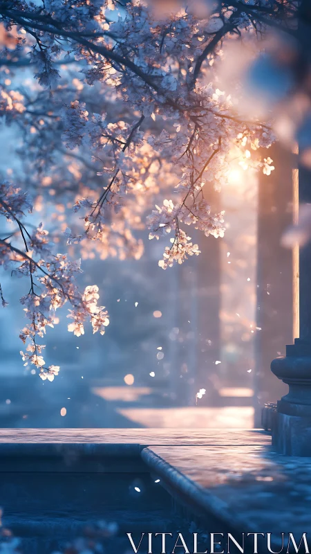Sunlit cherry blossoms glow above a tranquil stone terrace.