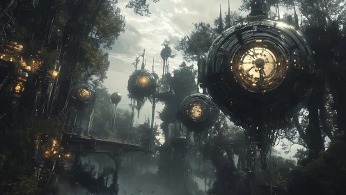 Misty forest orbs glowing with gentle futuristic mystery.