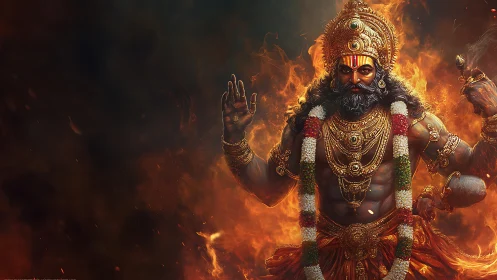 Fire-crowned deity strides through embers in radiant armor.