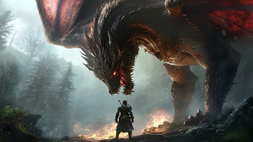 Forest standoff between ember-eyed dragon and lone knight.