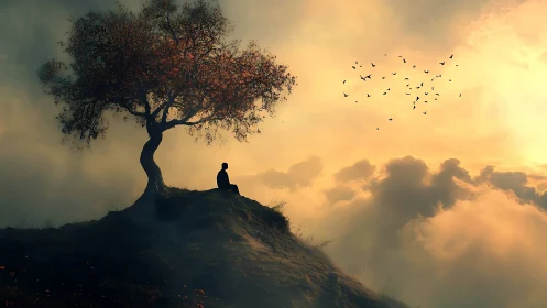 Solitary figure under lone tree on misty hill at sunset