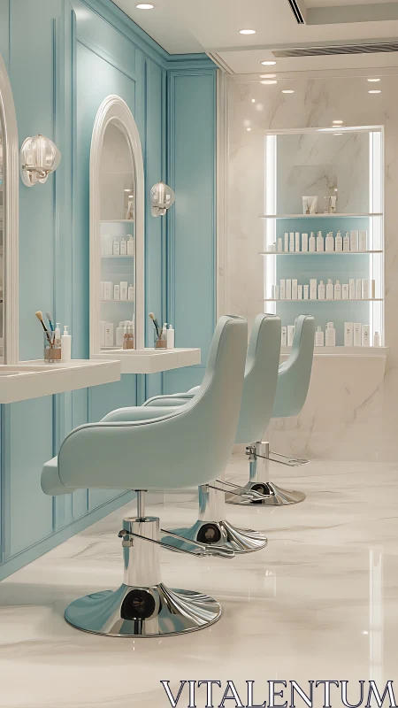 Pastel blue salon interior with modern styling chairs.