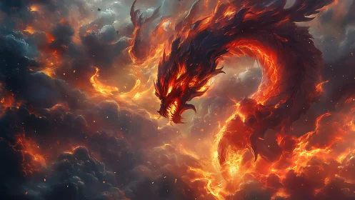 Inferno serpent coils through storm-forged heavens in rage.